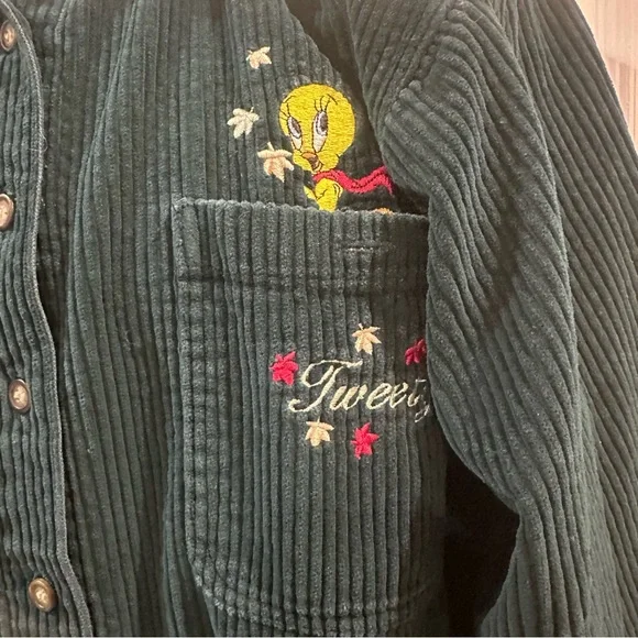 Looney Tunes Vintage Embroidered Tweety Bird Green Corduroy Shirt XL - Picture 2 of 10